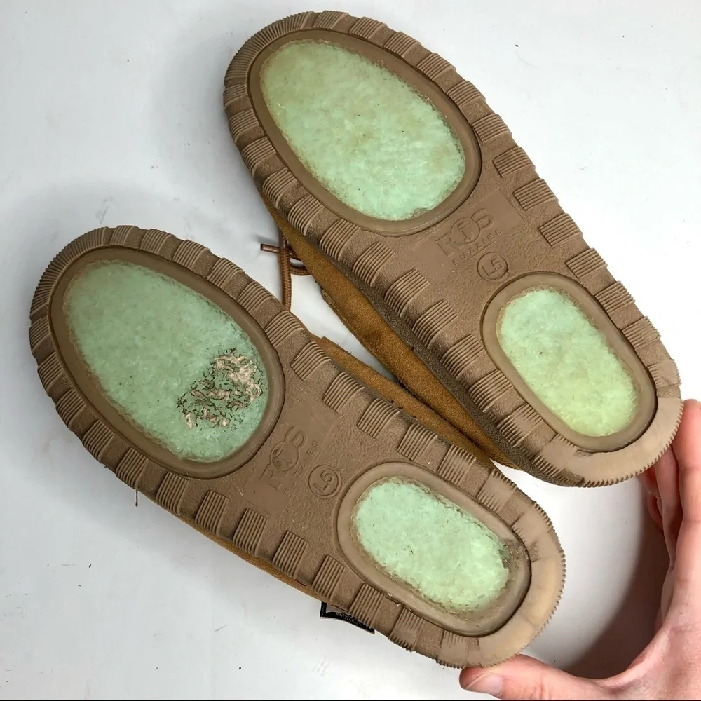 RJ’s fuzzies sheepskin grandpa loafer slippers brown leather fleece lined 5